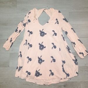 Free People Light Pink Grey Embroidery Floral Long Sleeve Mini Dress Tunic Size